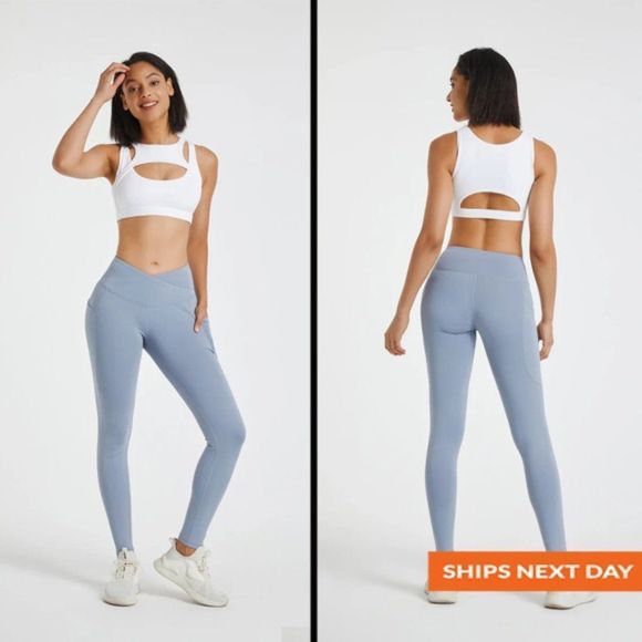 Light Blue Crossover Legging With Pockets - Crossover Waist - Pocket Leggings - Picture 1 of 10
